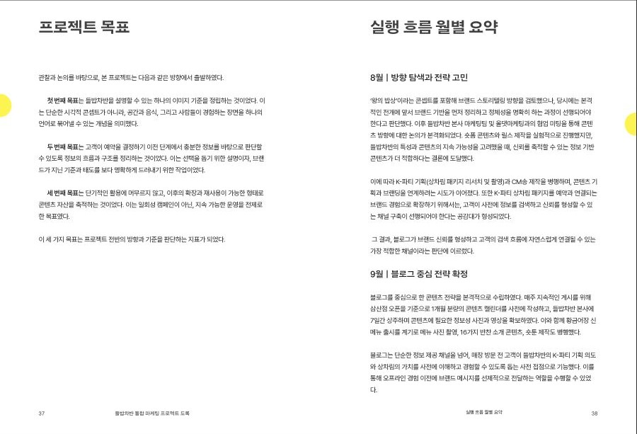 프로젝트 목표와 실행 흐름 월별 요약이 담긴 도록 내지 펼침면